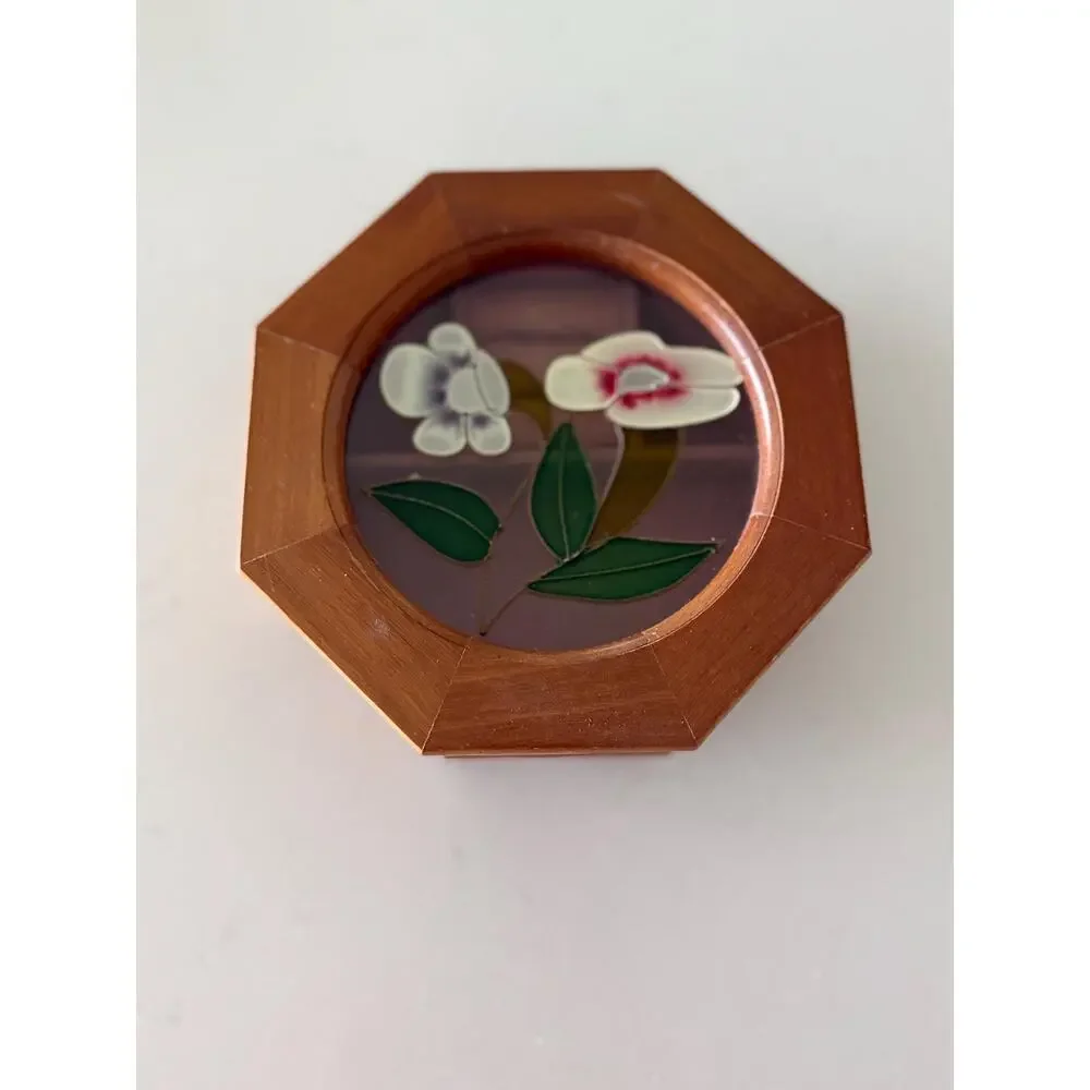 Vintage Octagonal Wood Jewelry Ring Box Hand Painted Floral Glass Lid Pink